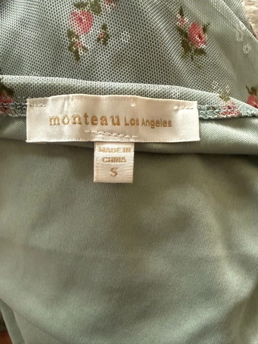 Monteau Los Angeles Floral Mesh Puff Sleeve Crop Top Sage Green Size Small - Picture 3 of 4